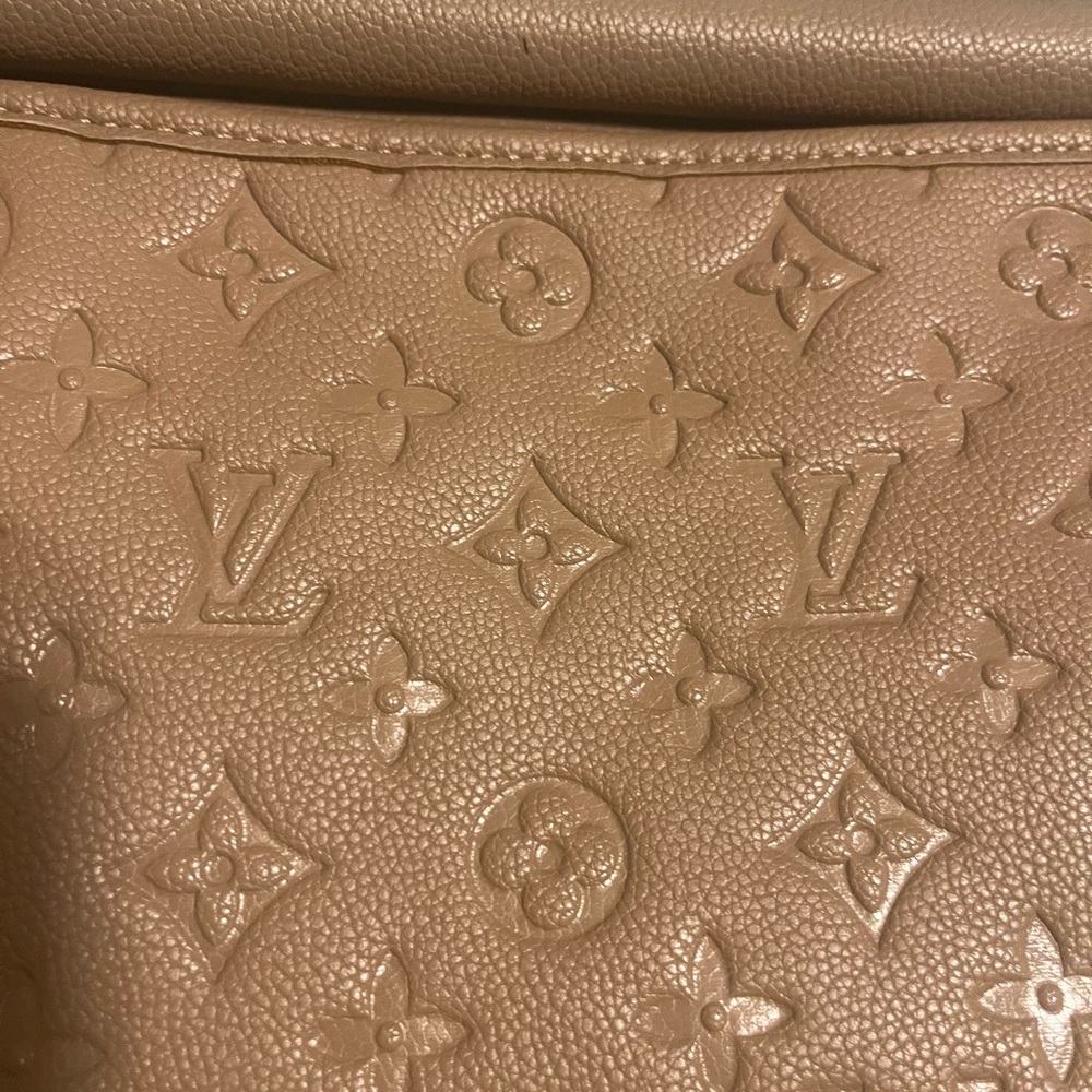 Monogram Embossed Leather Shoulder Bag in Caramel Tan - Picture 3 of 6